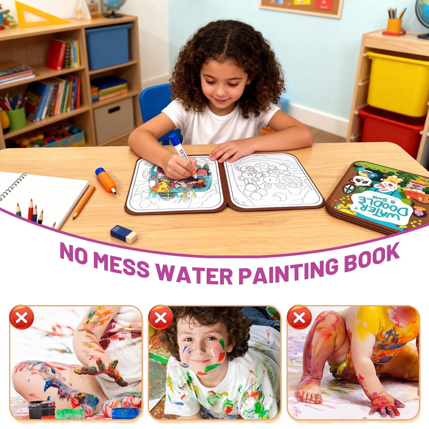 BlivEclat Water Coloring Book for Toddlers 1-3 - Mess Free Reusable Magic Reveal Montessori Painting Book with Water Pen - No Mess Paint with Water