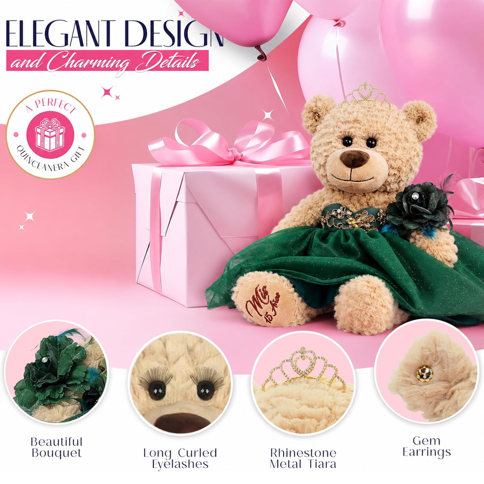 KINNEX COLLECTIONS SINCE 1997 20" Quince Anos Quinceanera Last Doll Teddy Bear with Dress (Centerpiece) ~ ARC16832-7 (Burgundy)