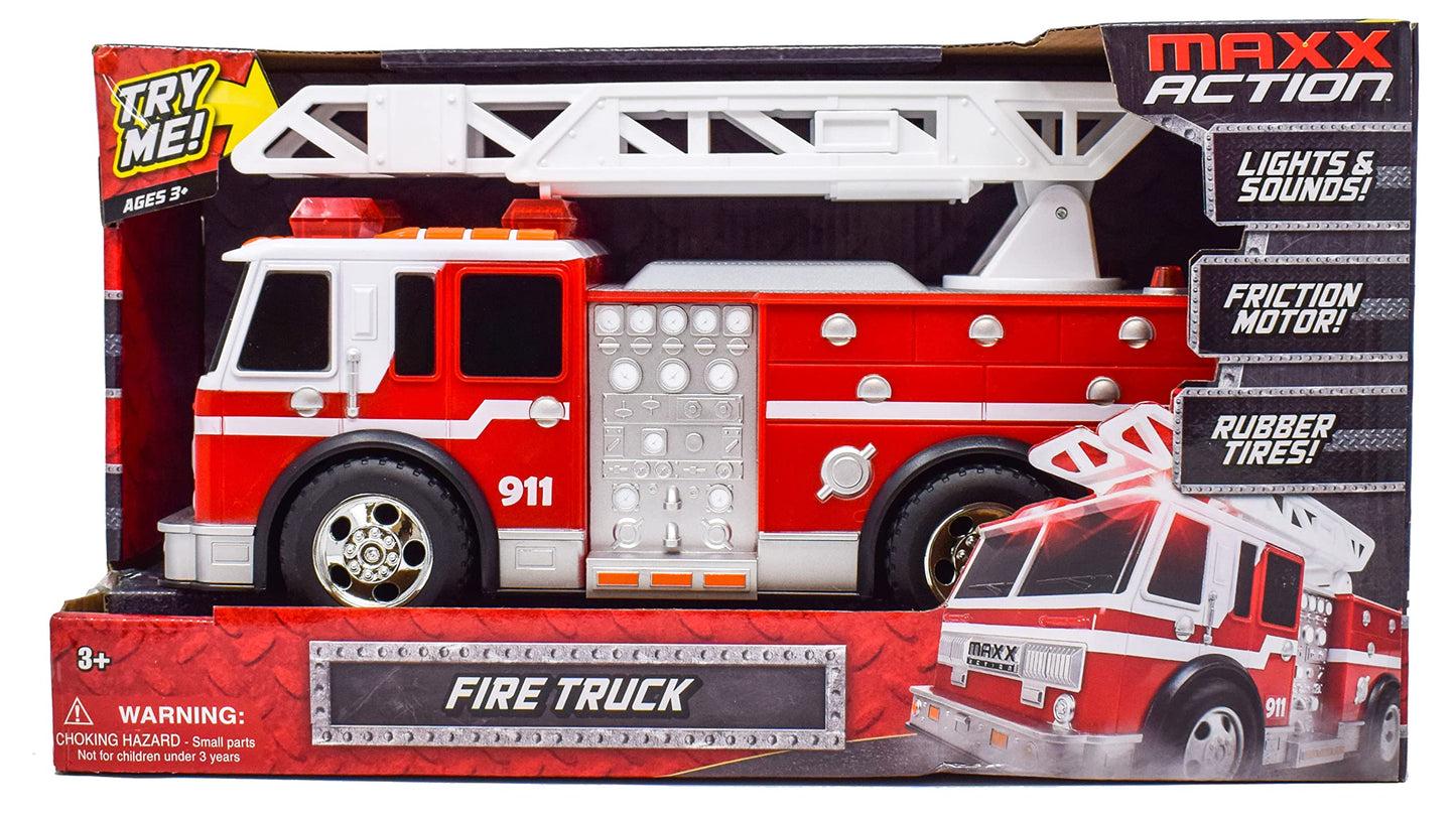 Sunny Days Entertainment Maxx Action 12’’ Large Fire Truck - Lights and Sounds Vehicle with Extendable Ladder | Motorized Drive and Soft Grip Tires |