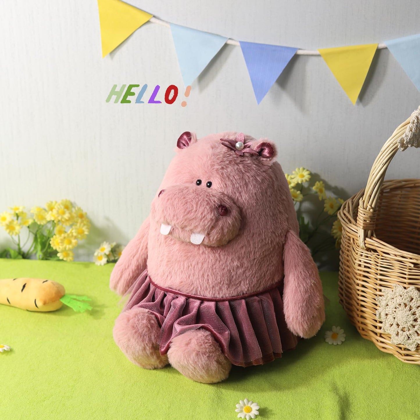 JamieCare 10.5" Donkey Exquisitely Designed Pink Hippo Plush Toy,Adorned with a Sparkling Tulle Skirt, an Irresistibly Cute Decor Piece for Bedrooms