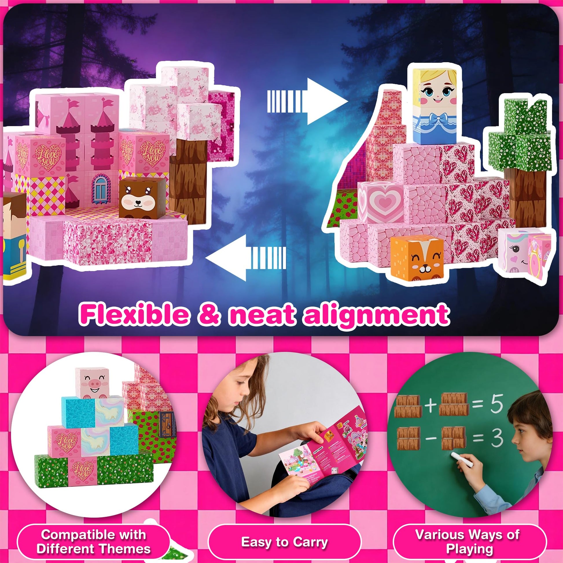 Cosminy 100PCS Magnetic Building Blocks, Pink Magnetic Cubes STEM Sensory Toys, Magnetic Blocks Stacking Construction Toys for Kids Ages 3+, Birthday