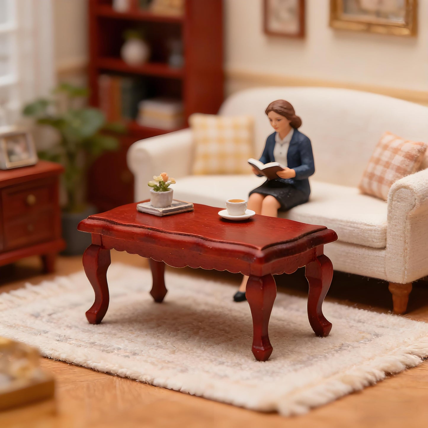 Miniature Red Wooden Coffee Table, 1:12 Scale Dollhouse Furniture, 9.1 x 4.4 x 14.2 cm, Suitable for Room and Queue Decoration Furniture Model