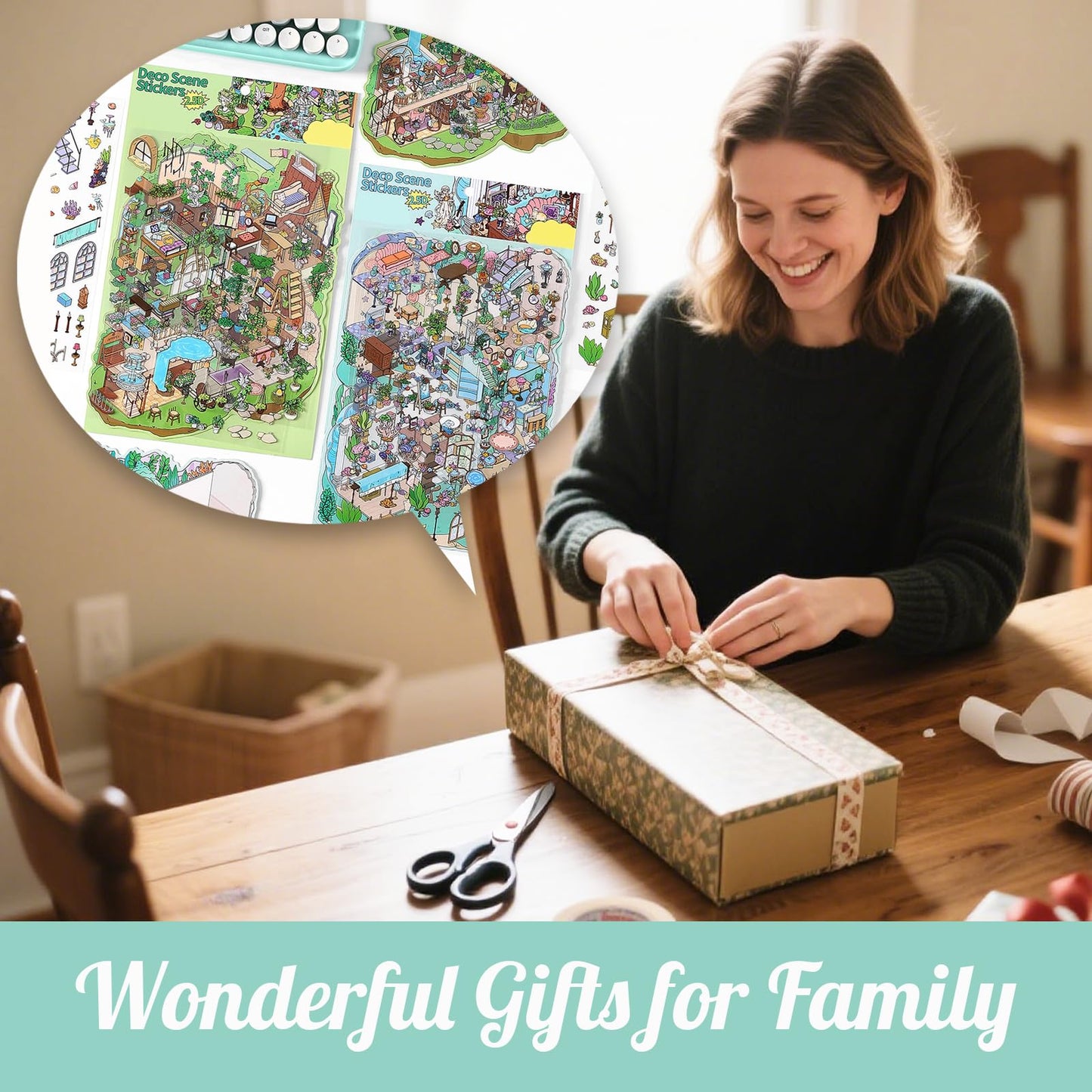Extra Large Villa Scene Sticker Set, 2 Super Complex House & Room Isometric Miniature Creative Play Kits Include Big Size Background Card with 3D DIY
