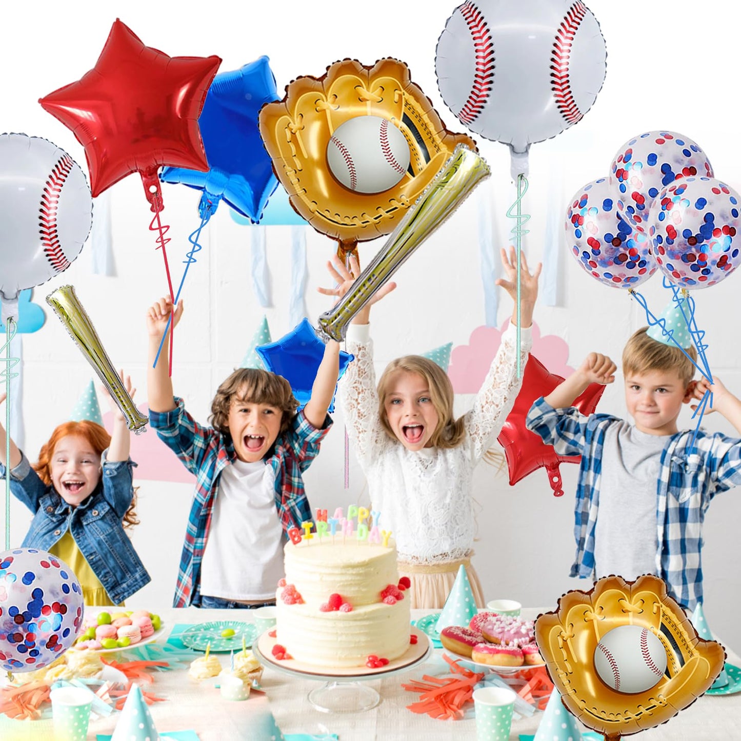 Baseball Party Balloons,Baseball Glove Jumbo Foil Mylar Baseball Bat Balloons for Birthday Sports Theme Supplies,Confetti Red and Blue white Foil