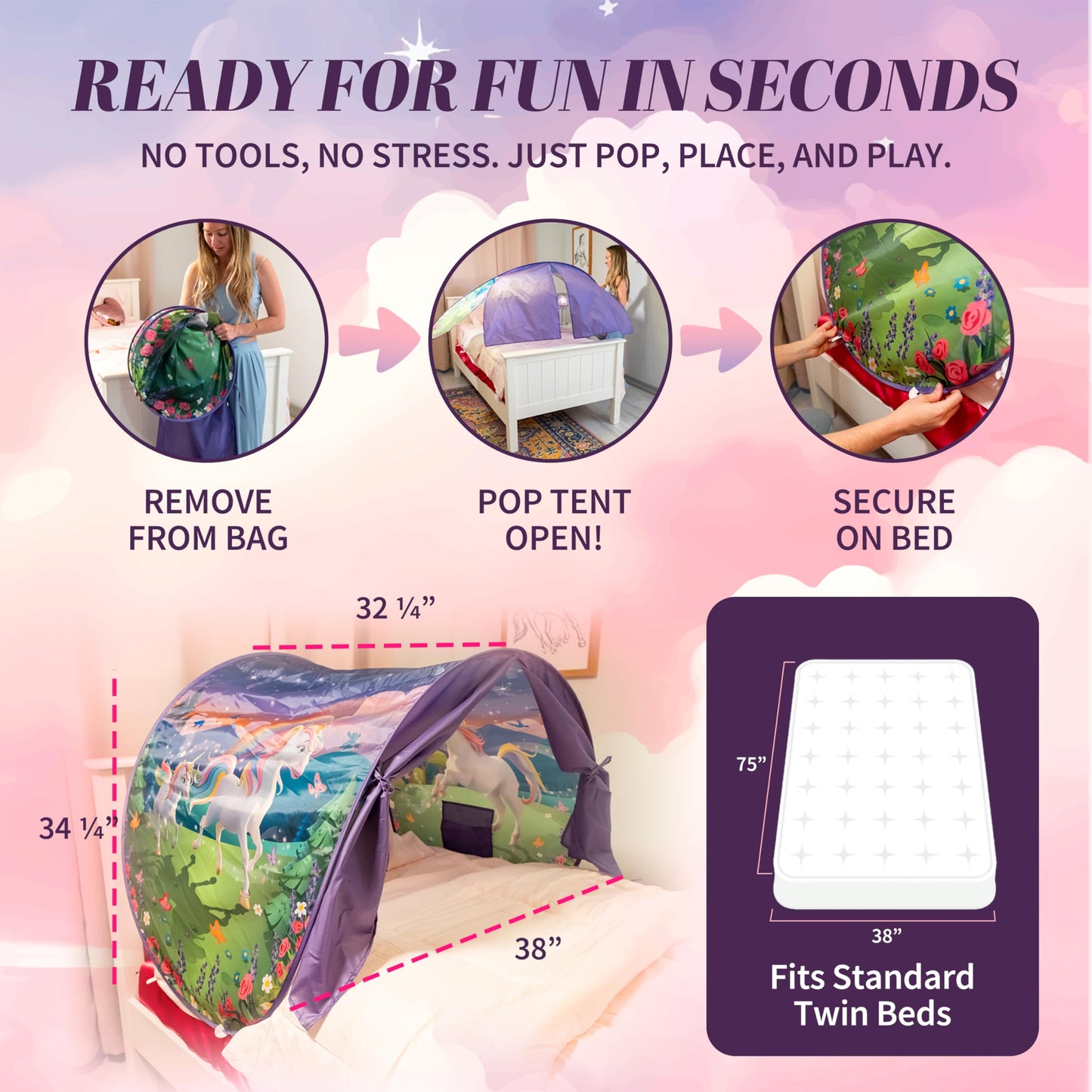 Dream Tents Twin Bed Tent for Kids, Unicorn Glow-in-the-Dark Pop Up Canopy