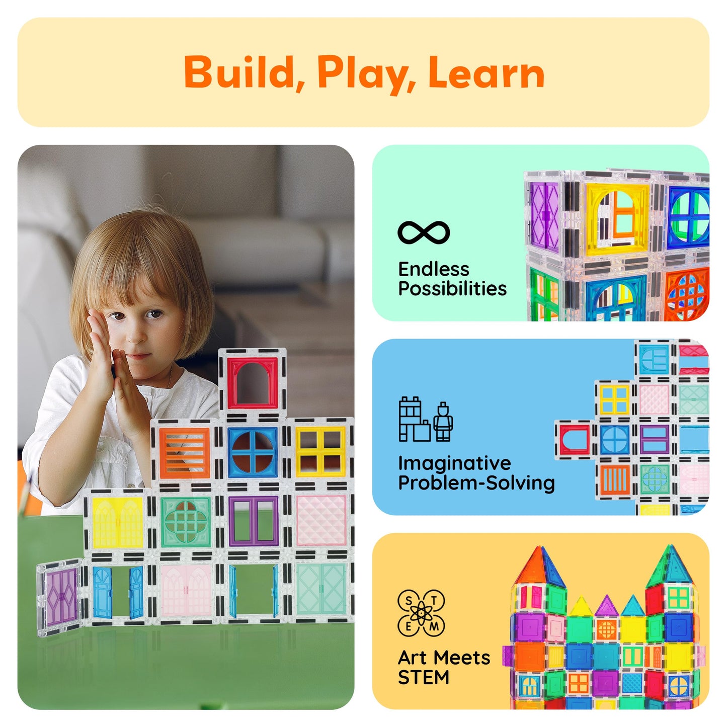 PicassoTiles 40pcs Magnetic Tiles Clip-in Window and Door Expansion Set, Magnetic Block Add-ons, Magnet Building Construction Toys, STEM Education