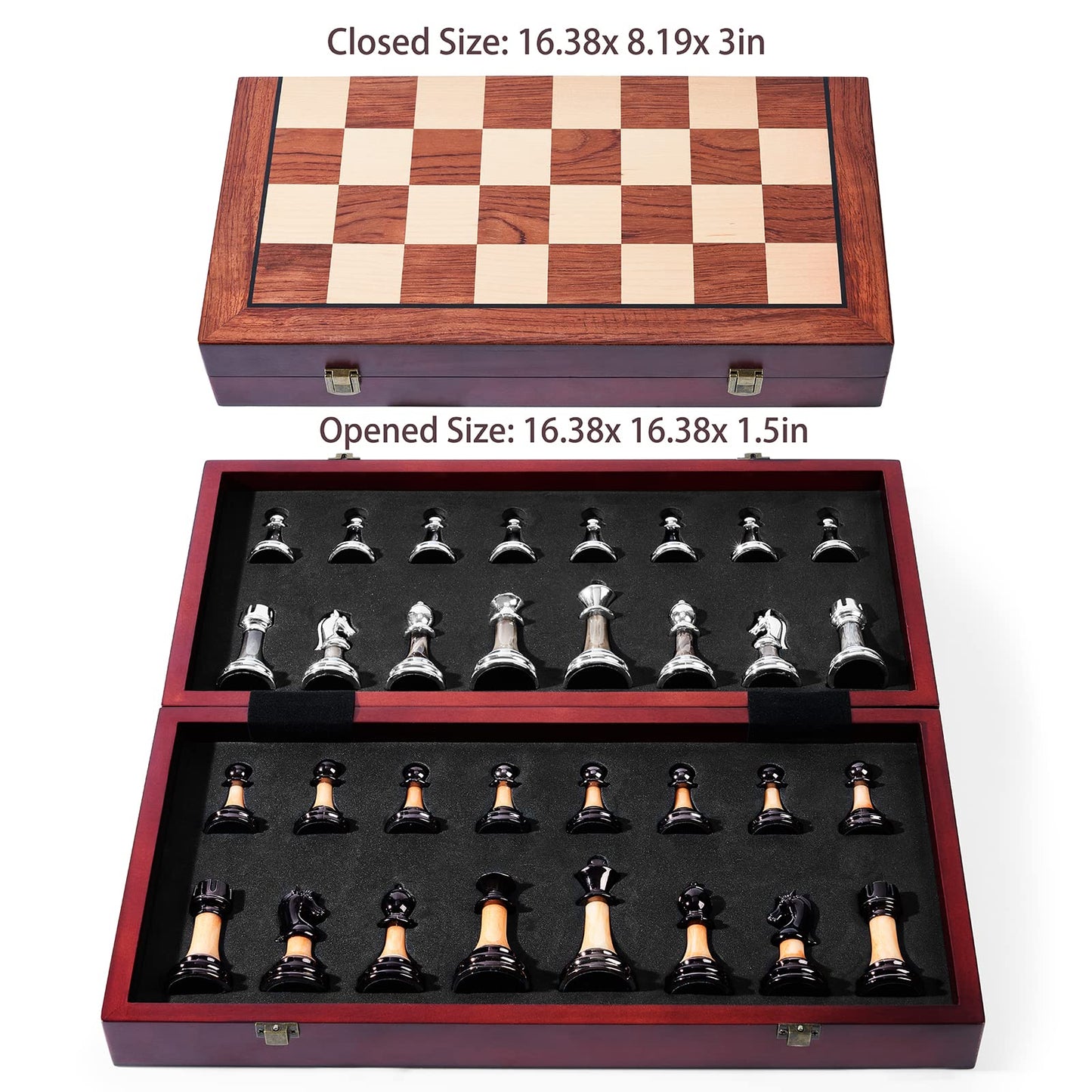 VAMSLOVE Chess Set Large 16''/42cm Folding Wooden Board with Deluxe Weighted Acrylic Chess Pieces - 3.5" King with Storage Slots for Adults House