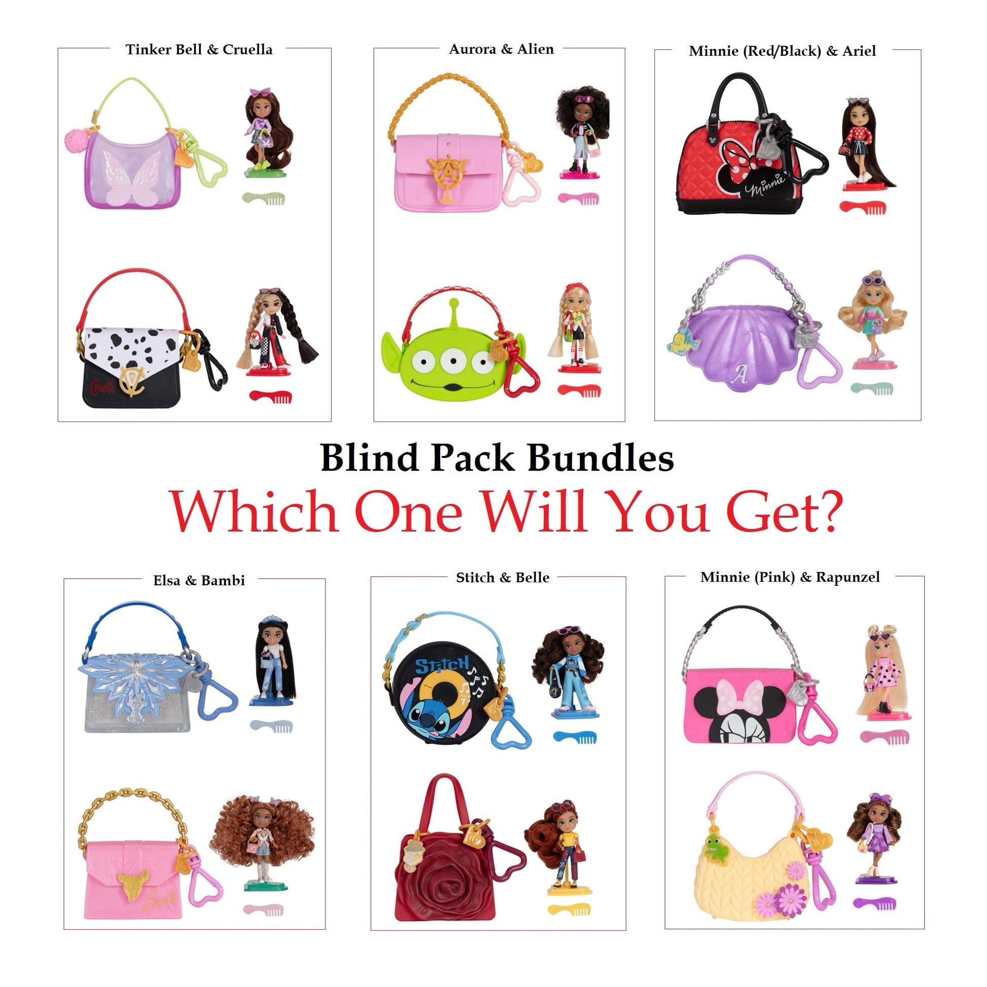 Disney ILY Mini Dolls Tote-ILY-Teenies Blind Pack Bundle (2 Dolls in Each), Inspired by Your Favorite Disney Characters or Stories with Matching Purse