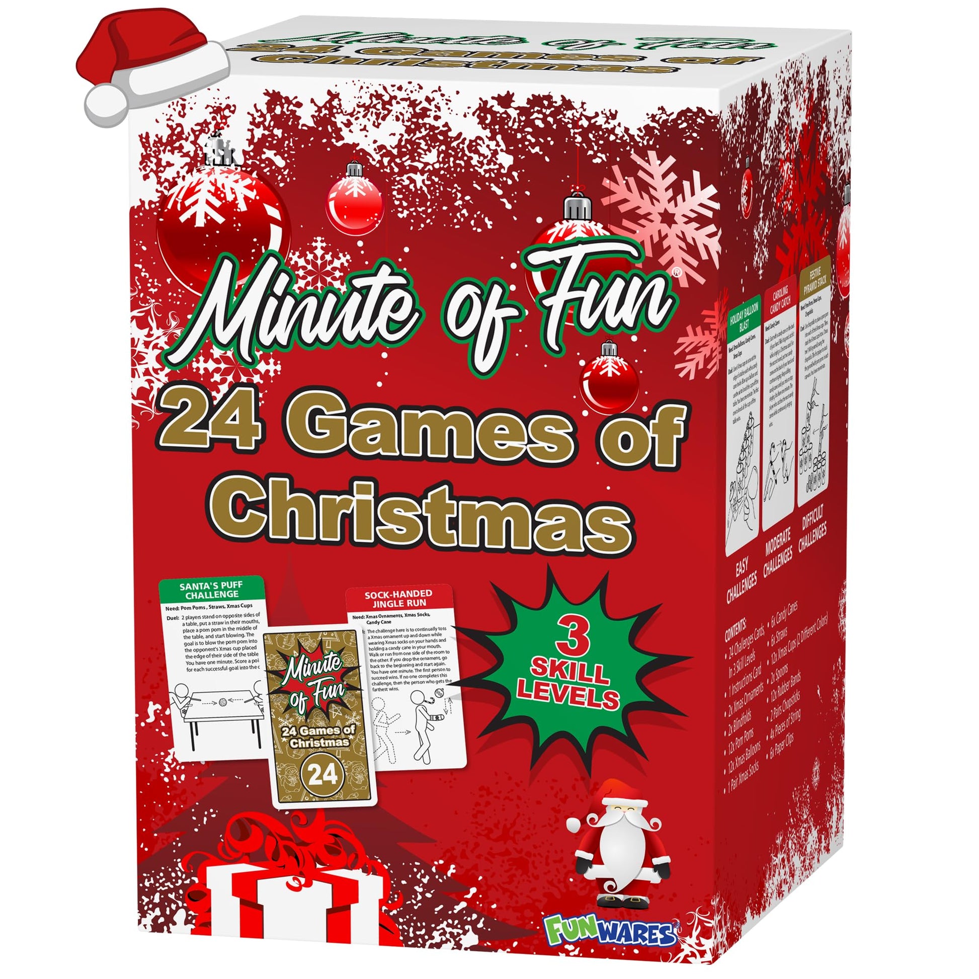Funwares 24 Days of Christmas Games - Complete Advent Calendar, Christmas-Themed Minute to Win It Challenges for Kids, Teens & Families, 2-12 Players