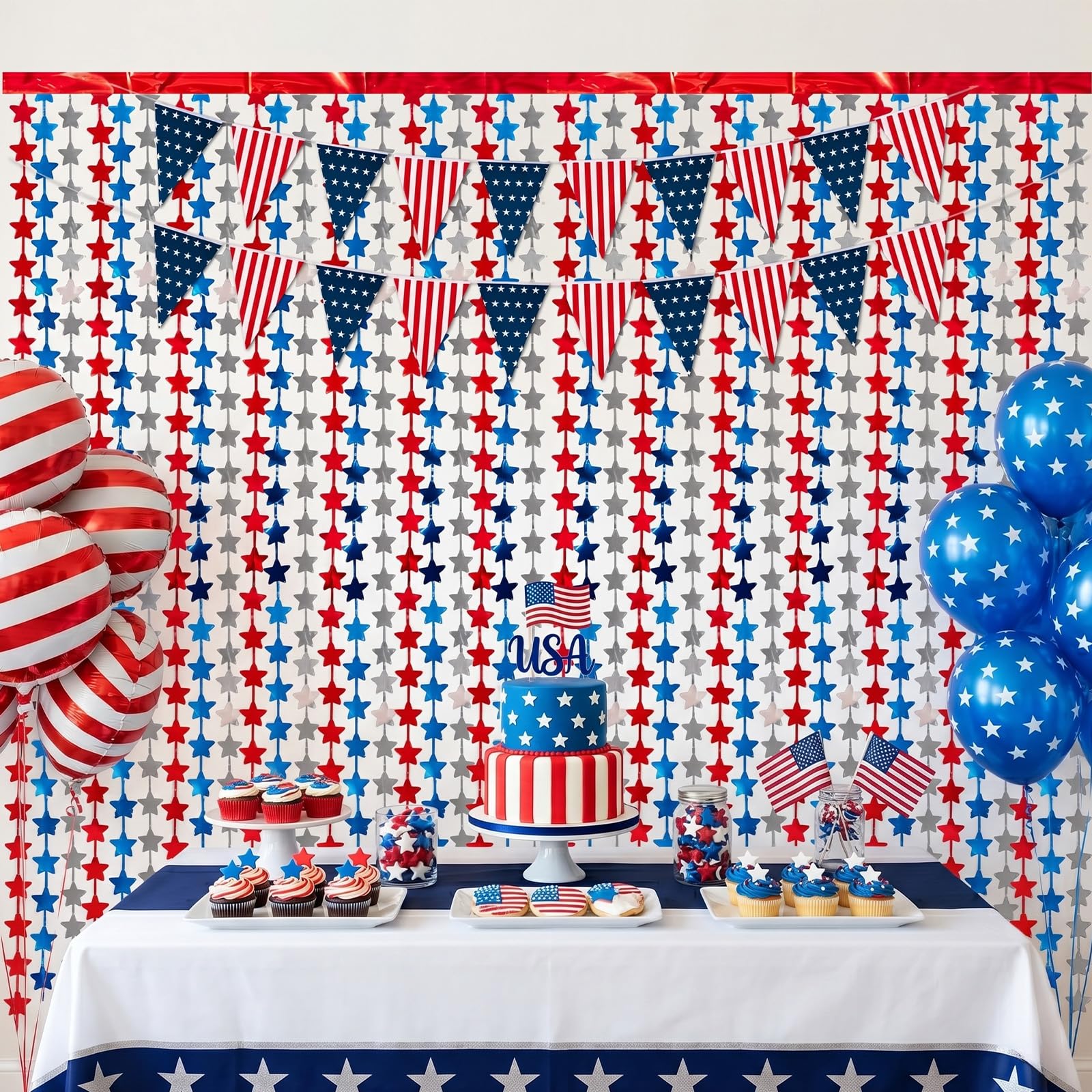 4 Pack Red White Blue Star Party Decoration Set, 2 Pack 3.3ft x 6.6 ft Star Foil Fringe Tinsel Streamer Curtain Backdrop + 2 USA Flag Pennant Banner