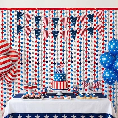 4 Pack Red White Blue Star Party Decoration Set, 2 Pack 3.3ft x 6.6 ft Star Foil Fringe Tinsel Streamer Curtain Backdrop + 2 USA Flag Pennant Banner