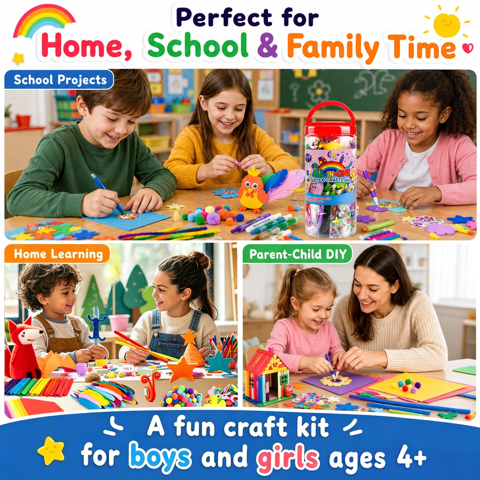 FUNZBO Arts and Crafts Supplies for Kids - Toddlers Craft Kit with Glitter Glue Stick, Pipe Cleaners, Pom Poms, Popsicle Sticks Tools, DIY School