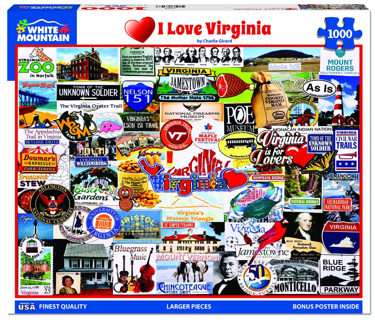 White Mountain 1000 Piece Jigsaw Puzzle Mother of States, I Love Virginia
