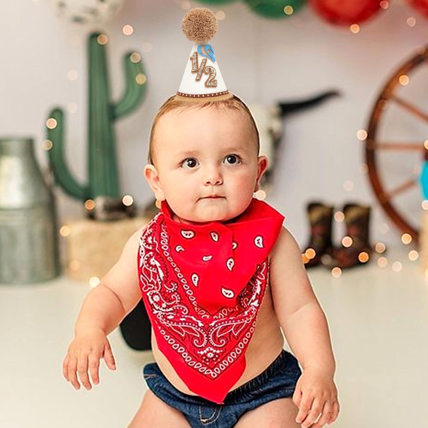 RSOLIET Cowboy Half Birthday Hat for 6 Months - Adjustable Western Baby Photo Prop for Cake Smash & Milestone Photos, 3-12 Months Cowboy Party Hat