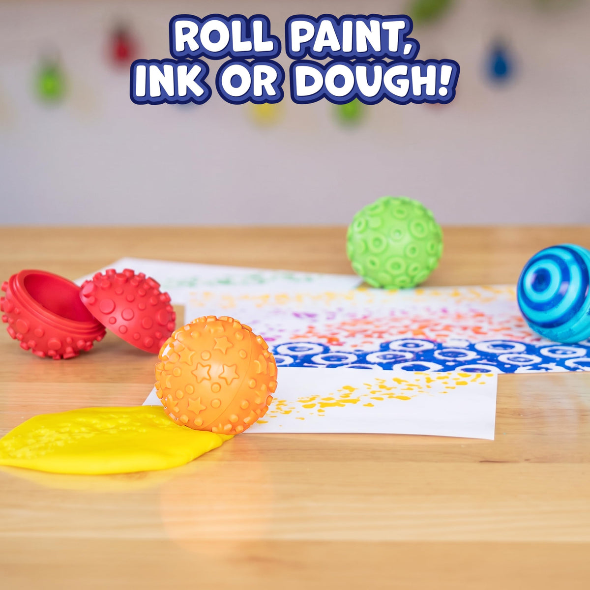 READY 2 LEARN Paint and Dough Texture Spheres | Set of 4 | Ages 2+ | Patterned Ink, Dough and Paint Stamps | Mix and Match Colors and Patterns