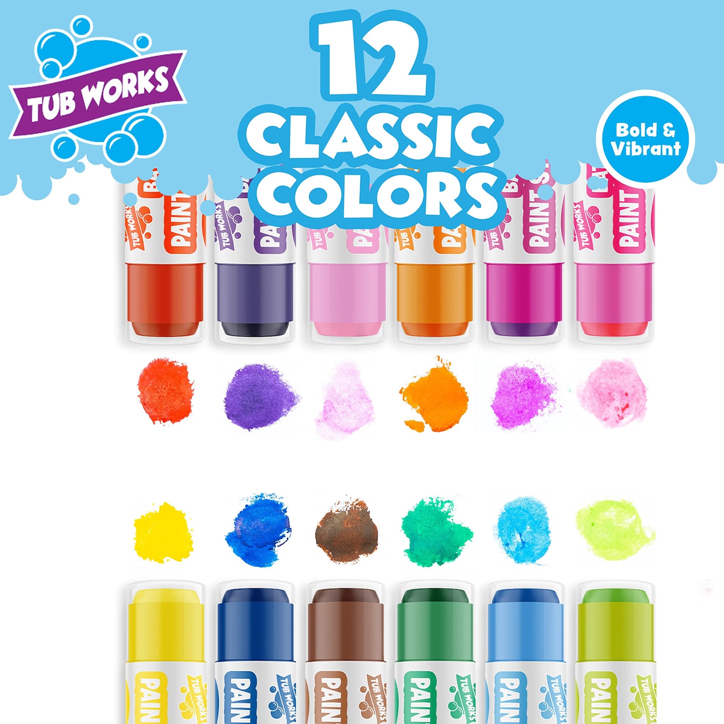 Tub Works® Bath Paint Sticks™ Bath Toy, 12 Count | Nontoxic, Washable Bathtub Paint for Kids & Toddlers | Twistable Sticks Draw Smoothly on Tub Walls