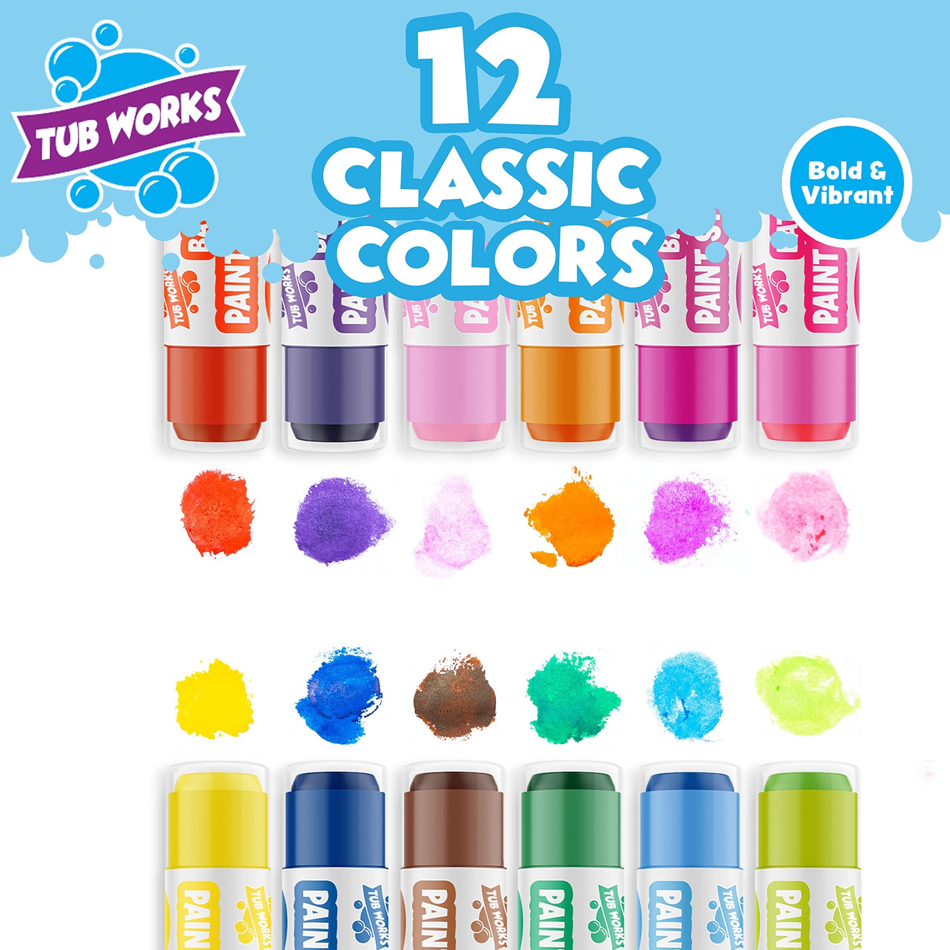 Tub Works® Bath Paint Sticks™ Bath Toy, 12 Count | Nontoxic, Washable Bathtub Paint for Kids & Toddlers | Twistable Sticks Draw Smoothly on Tub Walls
