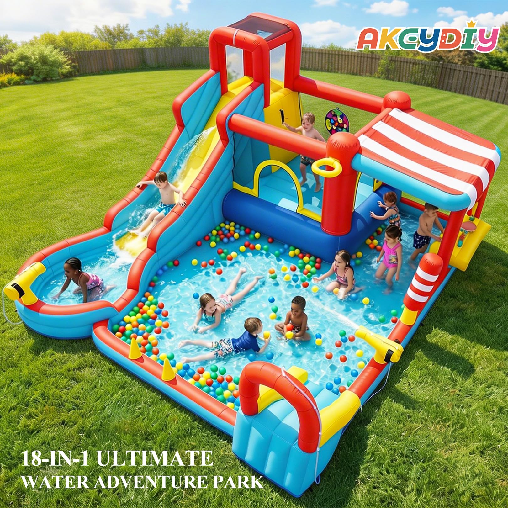Inflatable Water Slides, 18-in-1 Bounce House Water Park with Long Slide, Basketball Hoop, Splash Pool&Sunshade, Outdoor Water Play Center for Ages