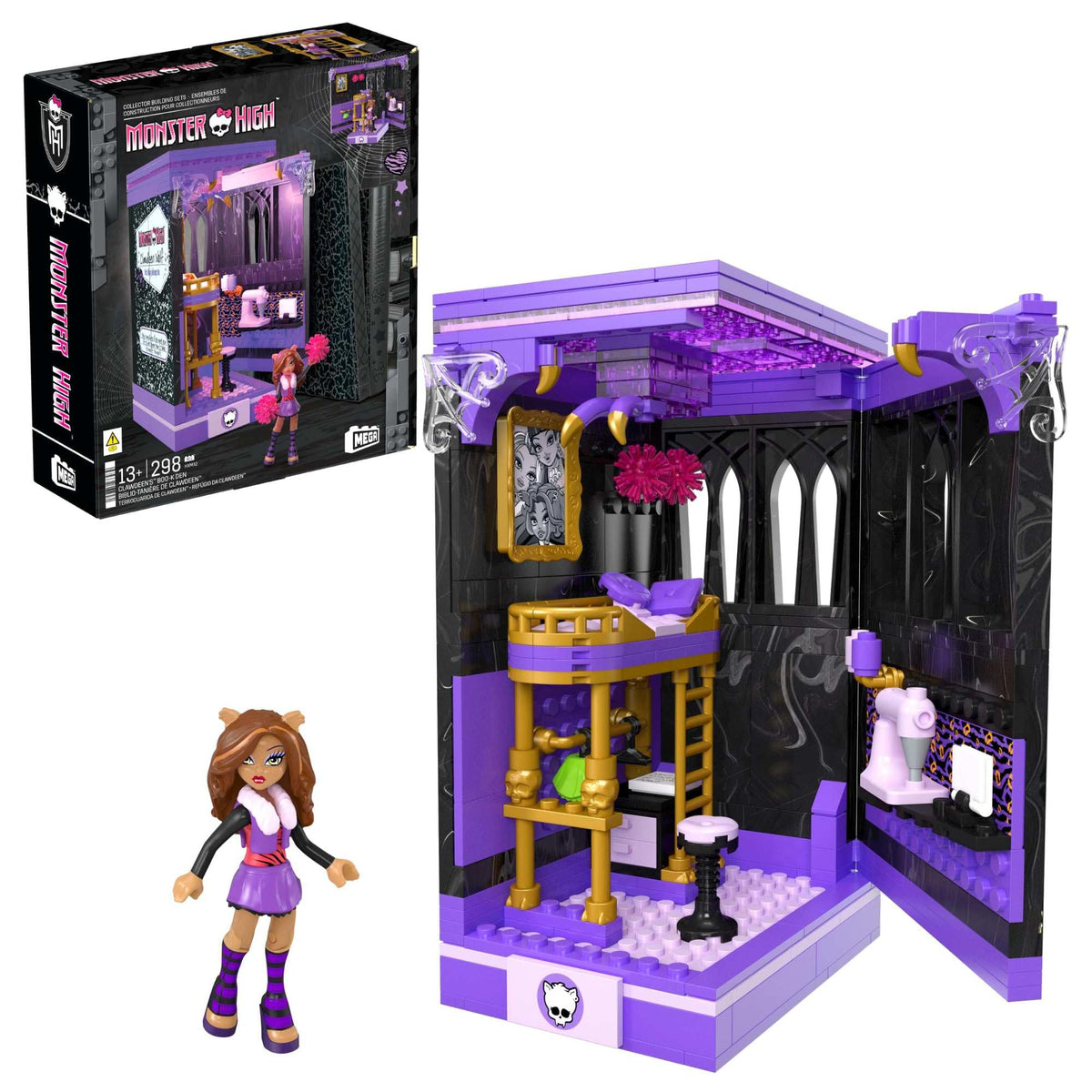 MEGA Monster High Action Figure Building Set Clawdeen's Boo-k Den with 299 Pieces, Book Nook for Collectors