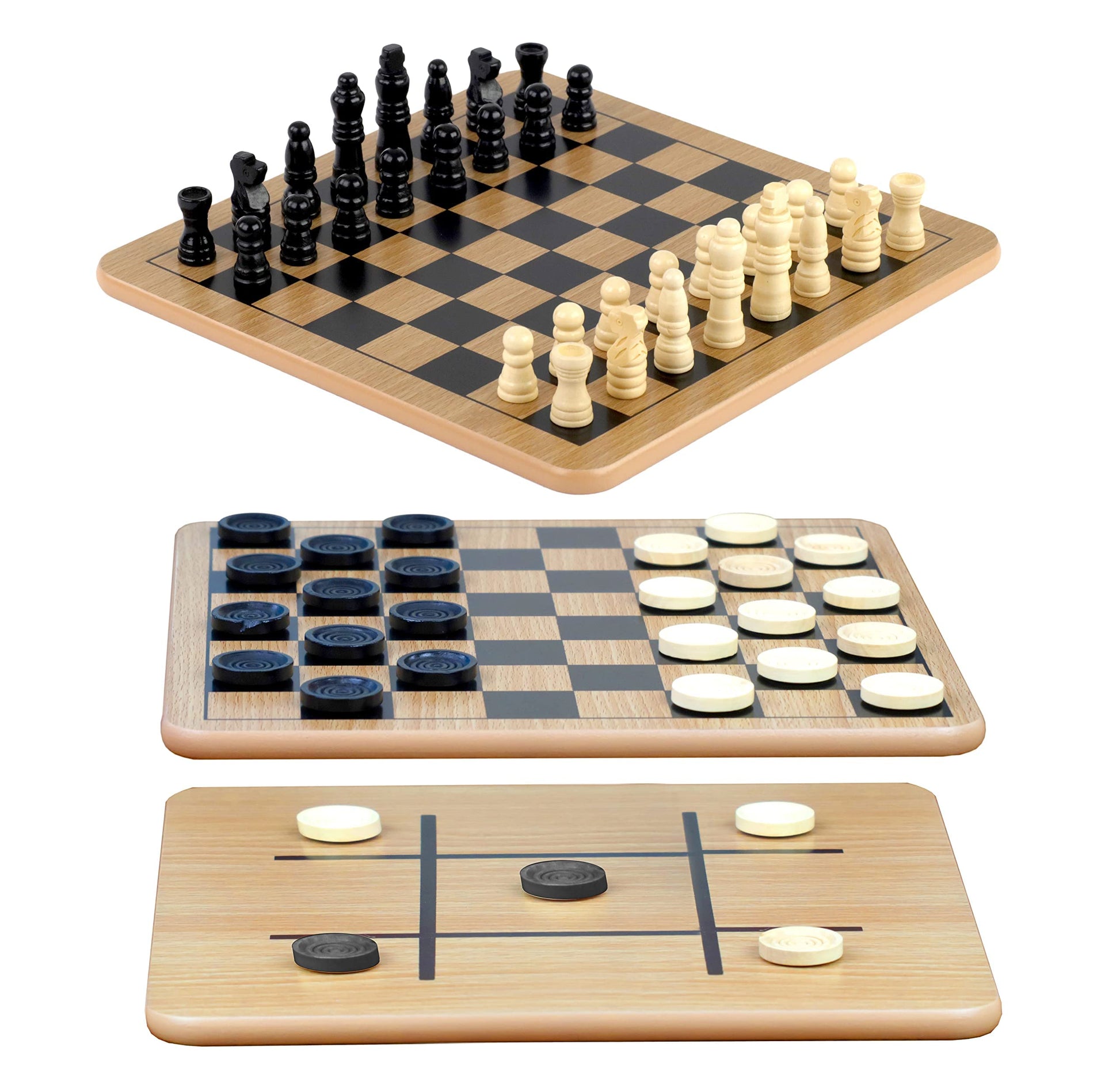 Regal Games - Reversible Wooden Board for Chess, Checkers & Tic-Tac-Toe - 24 Interlocking Wooden Checkers and 32 Standard Chess Pieces - for Age 8