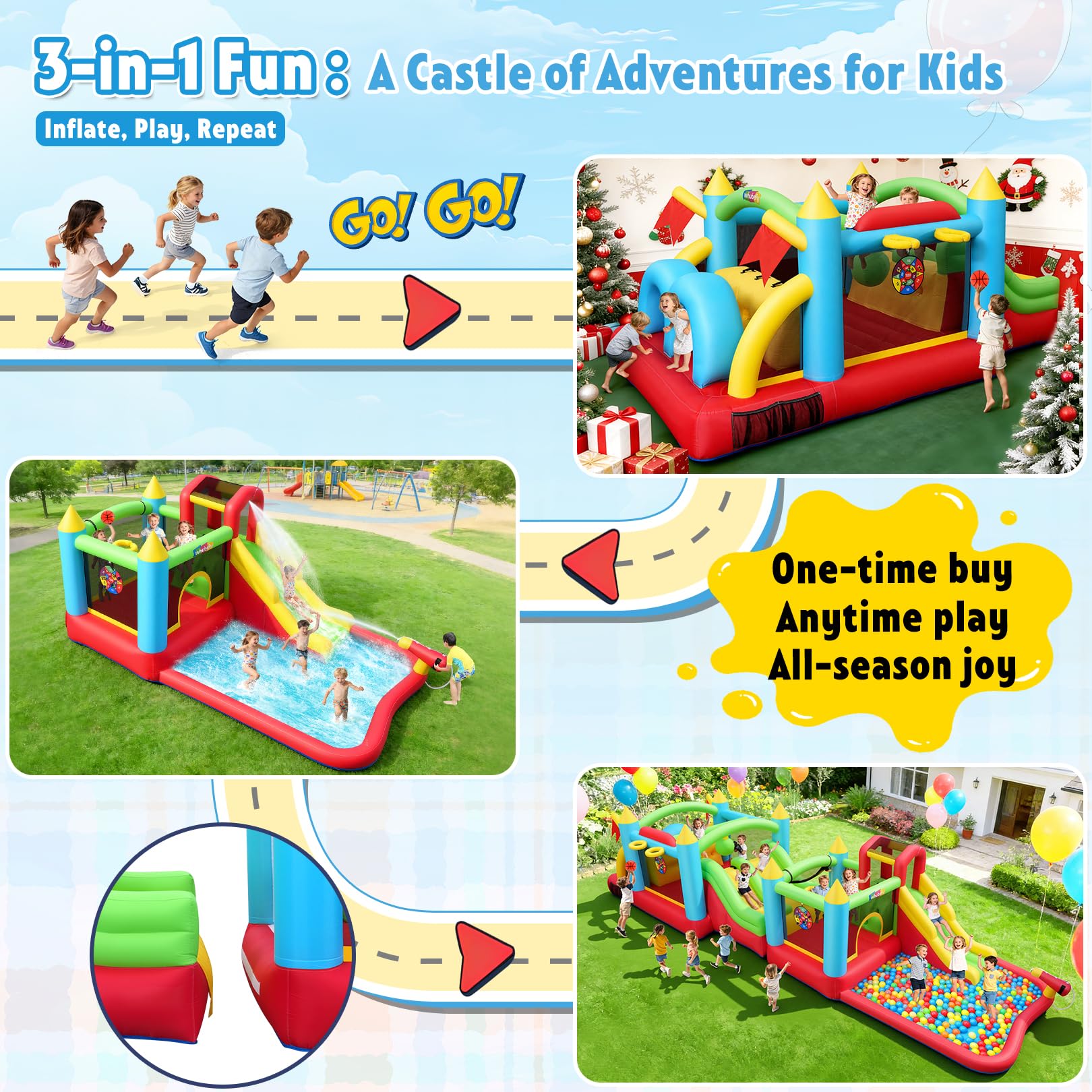 AKEYDIY Inflatable Water Slide Bounce House with 2 x Blowers Obstacle Course for Big Kids 3-12, Giant 29FT Backyard Water Park with Slides, Basketball