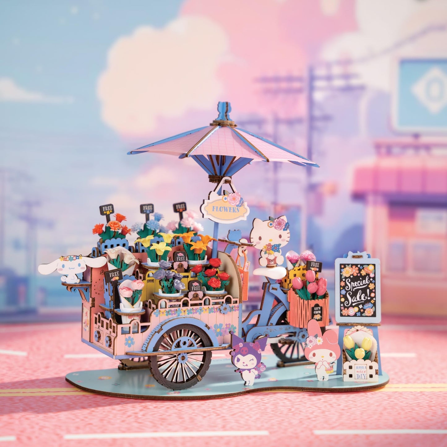 Hands Craft Hello Kitty And Friends Flower Cart 3D Wooden Puzzle Kit | DIY Floral Model | Arts & Crafts for Adults & Kids | Creative Hobby Kits |