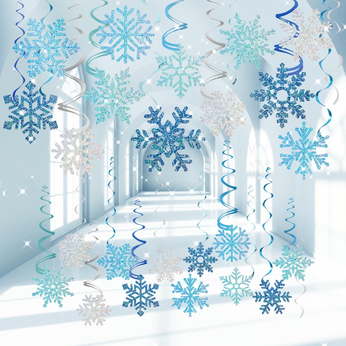 Winter Snowflake Hanging Decorations 30 Pcs Blue and Silver Christmas Ceiling Streamers Hanging Decorations Glittery Snowflakes Swirls for Wonderland