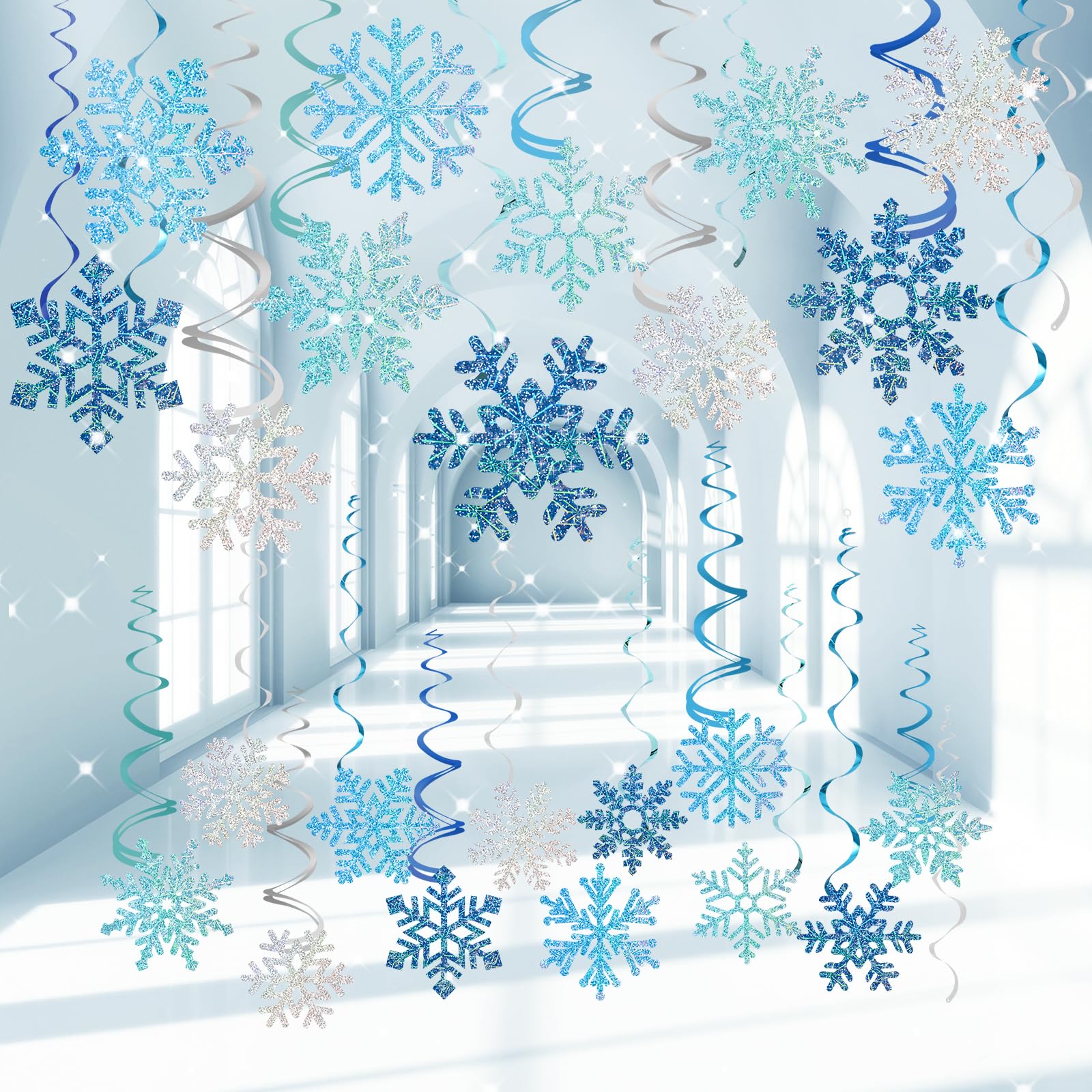 Winter Snowflake Hanging Decorations 30 Pcs Blue and Silver Christmas Ceiling Streamers Hanging Decorations Glittery Snowflakes Swirls for Wonderland