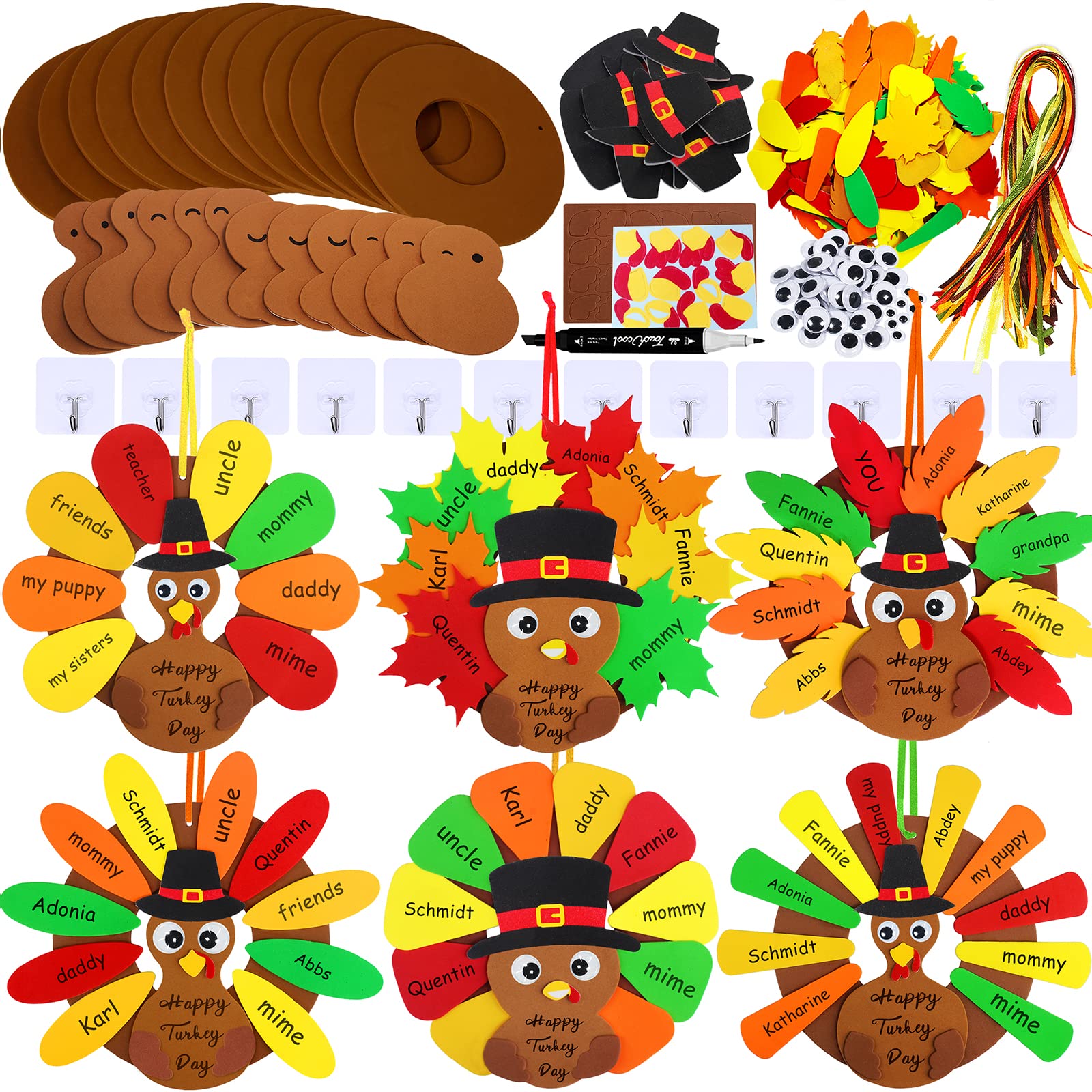 Winlyn 12 Sets Thanksgiving Wreath Signs Decorations Art Sets DIY Thanksgiving Craft Kits Give Thanks Turkey Fall Maple Leaf Foam Stickers Googly Eyes