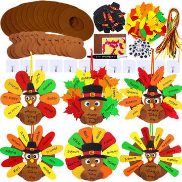 Winlyn 12 Sets Thanksgiving Wreath Signs Decorations Art Sets DIY Thanksgiving Craft Kits Give Thanks Turkey Fall Maple Leaf Foam Stickers Googly Eyes