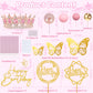 AMZVALU Corona Para Pastel, Crown Cake Topper, 3 Happy Birthday Cake Toppers, Balls Candles Butterflies Cake Decorations, Birthday Crown for Women