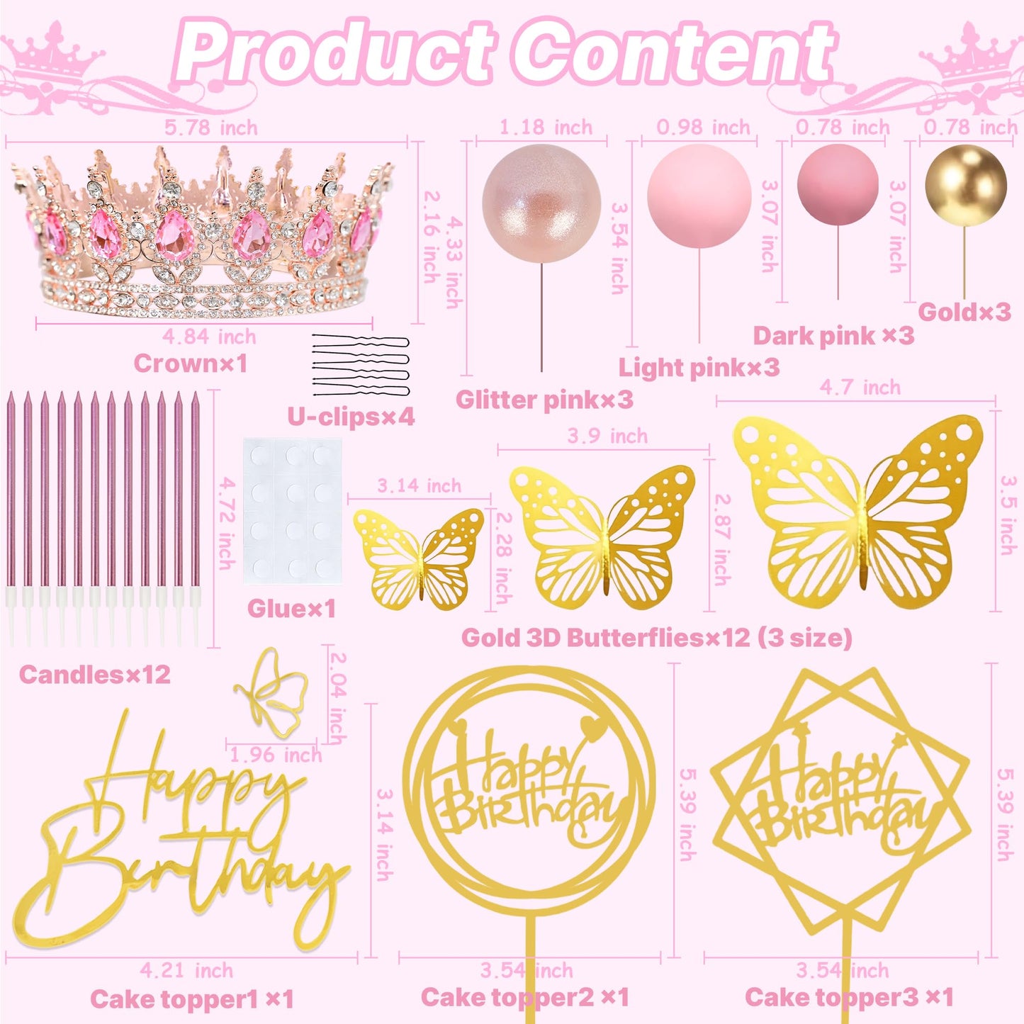 AMZVALU Corona Para Pastel, Crown Cake Topper, 3 Happy Birthday Cake Toppers, Balls Candles Butterflies Cake Decorations, Birthday Crown for Women