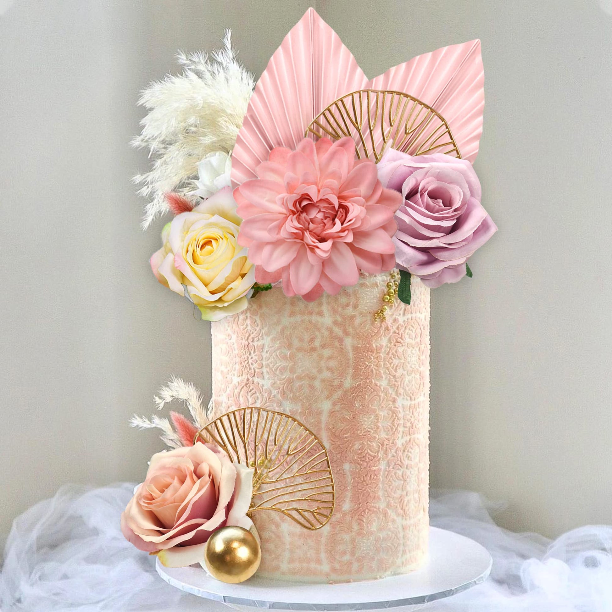 Boho Cake Topper Flower Cake Topper Pink Palm Leaves Cake Decorations with Artificial Rose Ginkgo Leaves and Balls for Wedding Birthday Boho Flower