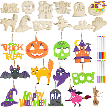 JOYIN 60 Pcs Halloween Craft Wooden Painting Kit, Halloween Party Supplies, Party Favors for Kids, Wood Blank Cutouts Ornaments, Gift Tags Decor