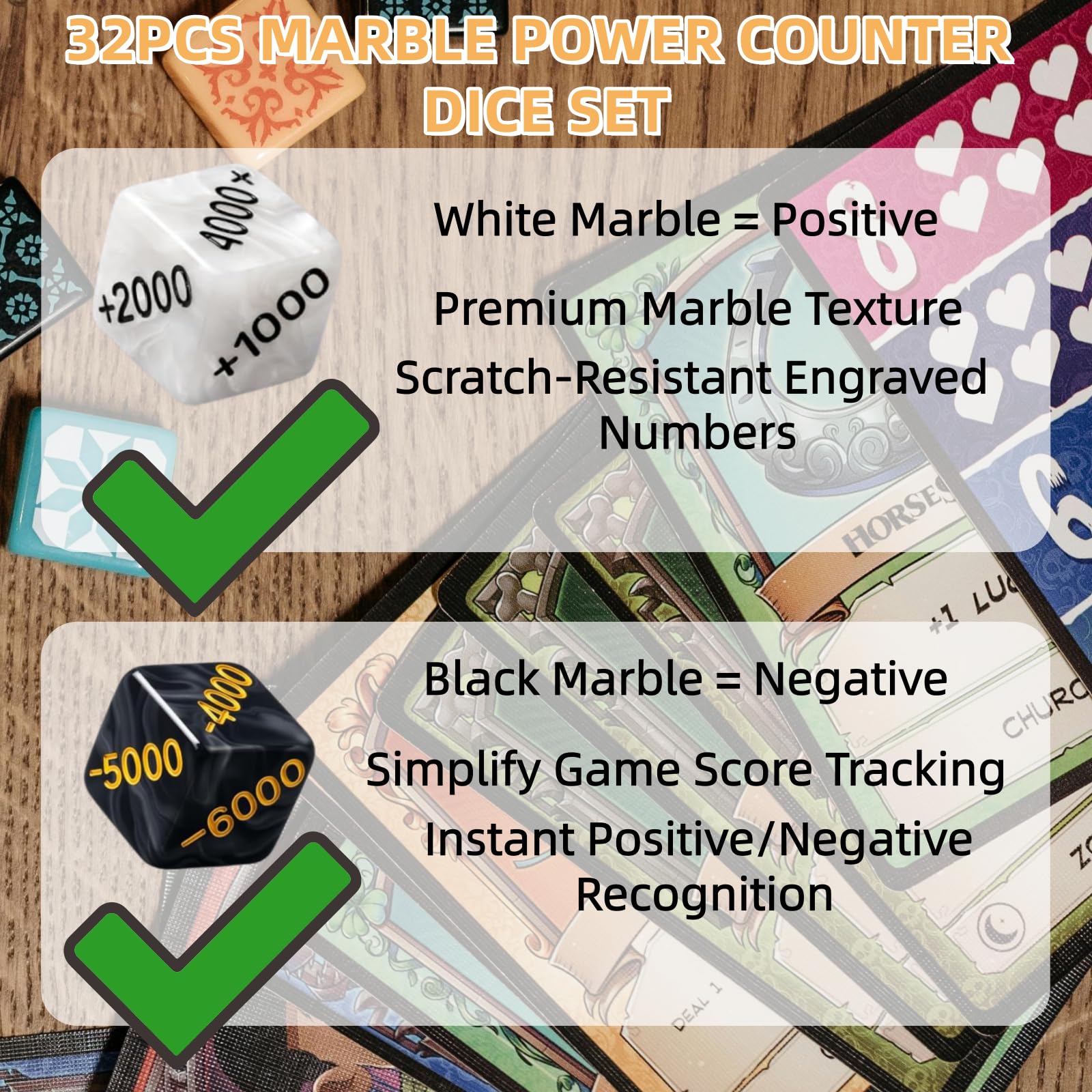 32 PCS Power Counter Dice Set, 16 Positive (+1000-+6000) & 16 Negative (-1000-6000), Premium Black & White Marble Finish, Compatible with One Piece