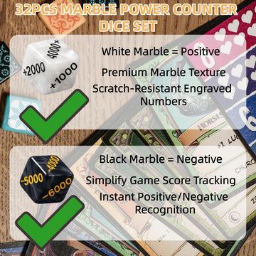 32 PCS Power Counter Dice Set, 16 Positive (+1000-+6000) & 16 Negative (-1000-6000), Premium Black & White Marble Finish, Compatible with One Piece