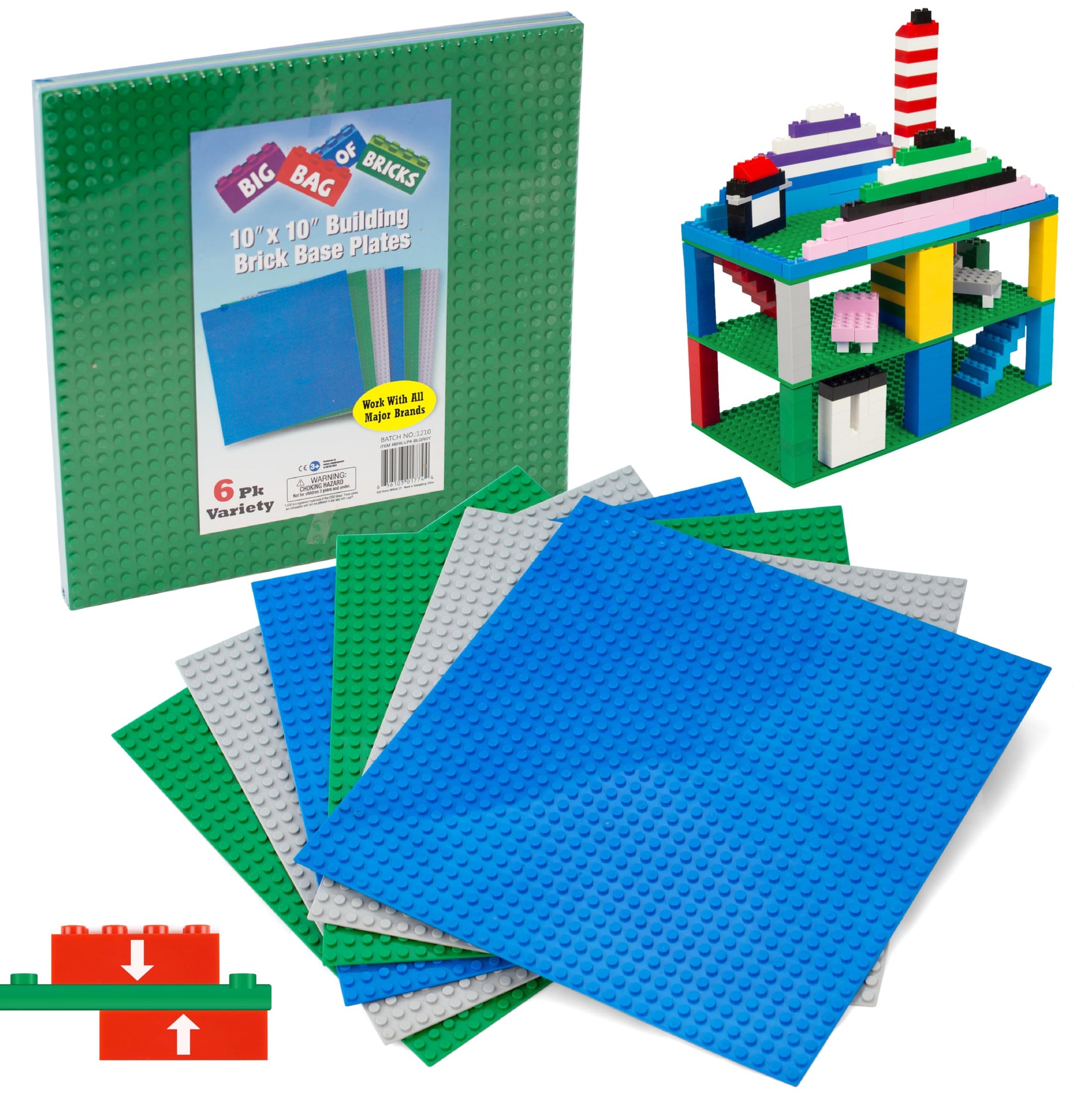 Classic Baseplates for Building Bricks - Set of 6 Large 10"x10" Building Plates (MultiColors) - Dual Connectivity, Build on Both Sides - Compatible