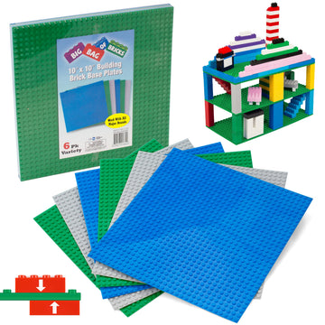 Classic Baseplates for Building Bricks - Set of 6 Large 10"x10" Building Plates (MultiColors) - Dual Connectivity, Build on Both Sides - Compatible