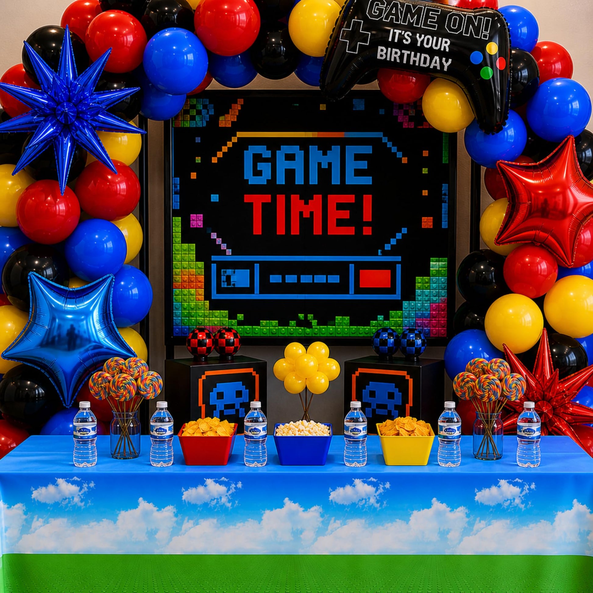 Blue Orchards Block Game Tablecover (Pack of 3) 108" x 54" - Ultimate Virtual World Theme Party Decorations, Accent Tablecloth, Backdrop, Gift Wrap