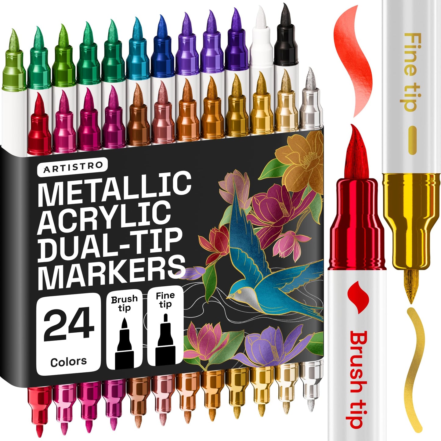 ARTISTRO 24 Metallic Acrylic Paint Markers - Paint Pens for Drawing - For Fabric, Rock, Glass, Wood, Molds - Arts & Crafts Gift for Adults, Teens