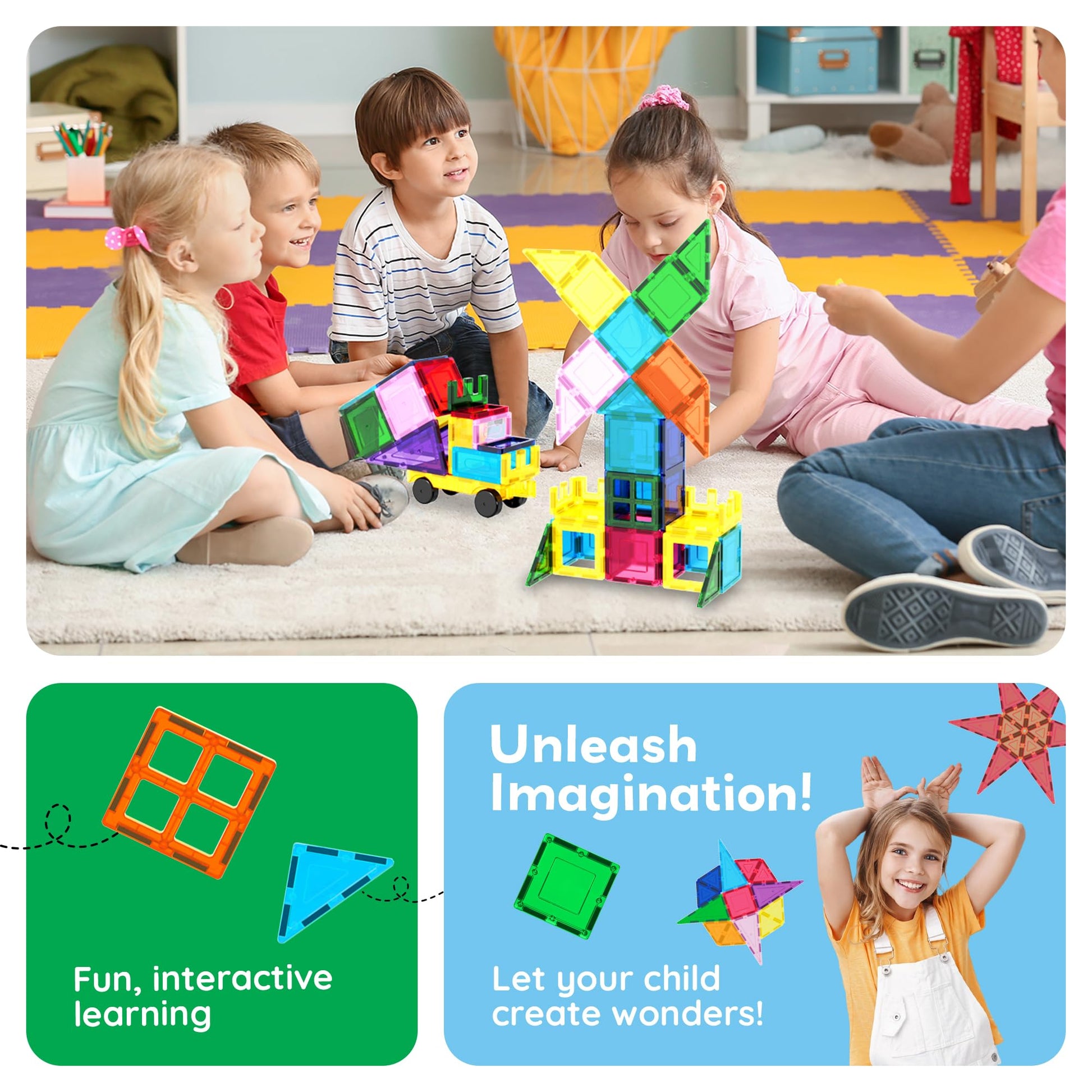 PicassoTiles 101 PCs Magnetic Tiles Building Blocks with Car & Drawstring Carry Bag Toy Storage Magnet Block for Toddlers Kids STEM Toy Set