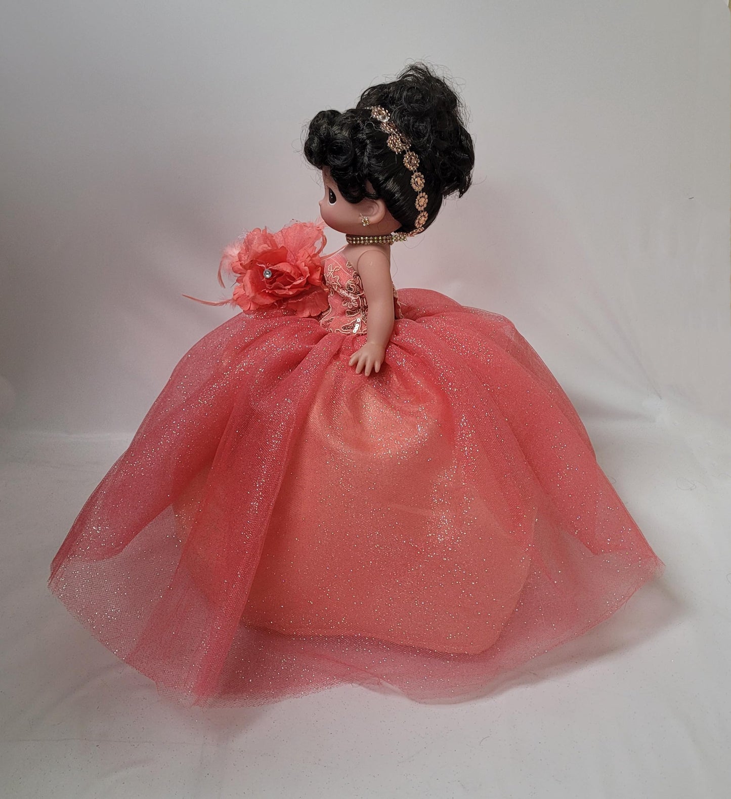 KINNEX COLLECTIONS SINCE 1997 17" Quinceañera Centerpiece Doll - Tulle Gown, Mis Quince Años Table Decoration & Keepsake ARC8421-20 (Flamingo)