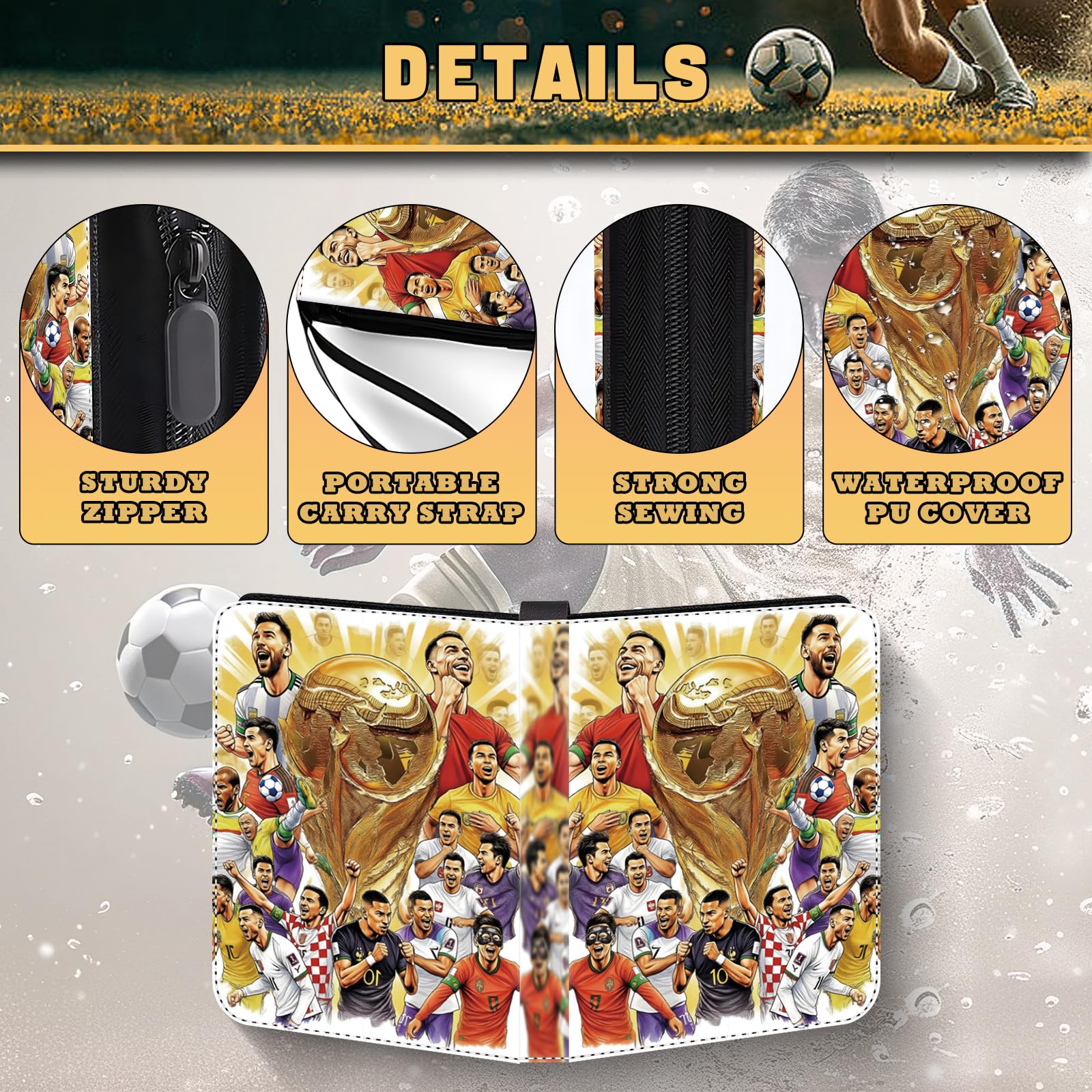 Soccer Card Binder 4 Pocket,Trading Card Binder Fits 440 Cards with 55 Removable Sleeves,Binder Collection Booklet with Zipper, PU Portable Card