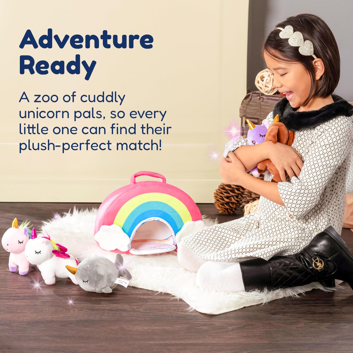PixieCrush Unicorn Stuffed Animal Set - 5 Plush Toys for Girls with Narwhal, Puppycorn, Kittycorn and Rainbow Unicorn - Soft Plushies with Carry Case