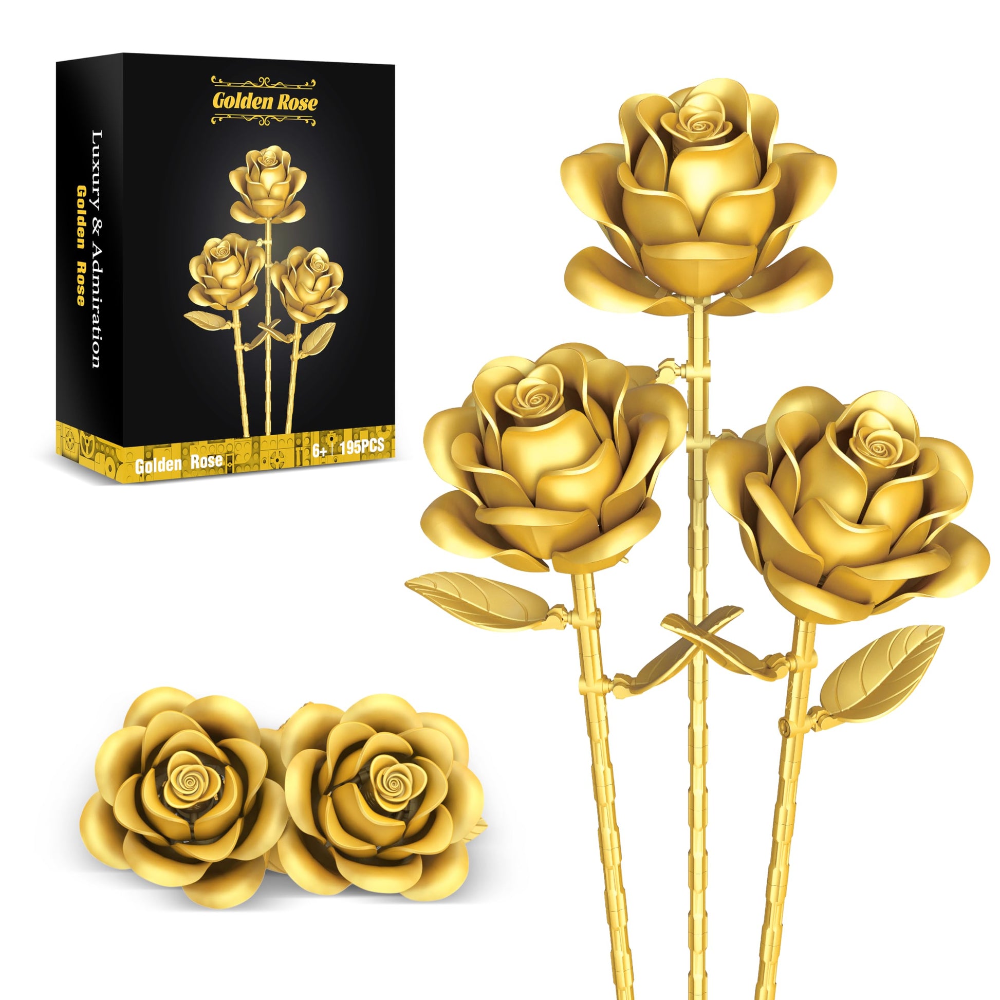 QIFUN Gold Roses Flower Building Set - 3 Roses Bouquet Botanical Building Blocks for Adult, Home Decor Romantic Anniversary Valentine's Day Gift