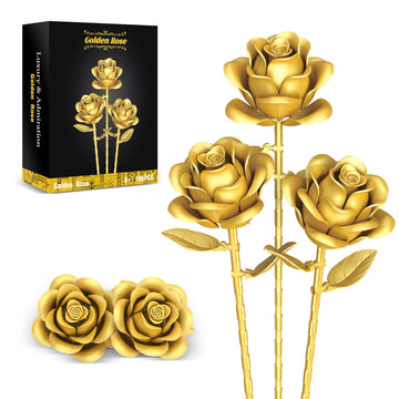QIFUN Gold Roses Flower Building Set - 3 Roses Bouquet Botanical Building Blocks for Adult, Home Decor Romantic Anniversary Valentine's Day Gift