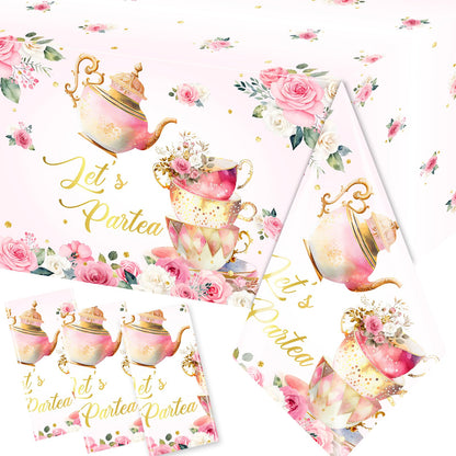 Dydamud Pink Floral Tea Party Tablecloth, Girls Tea Party Birthday Supplies 3pcs Let's Partea Spring Disposable Table Cover for Baby Shower, Floral