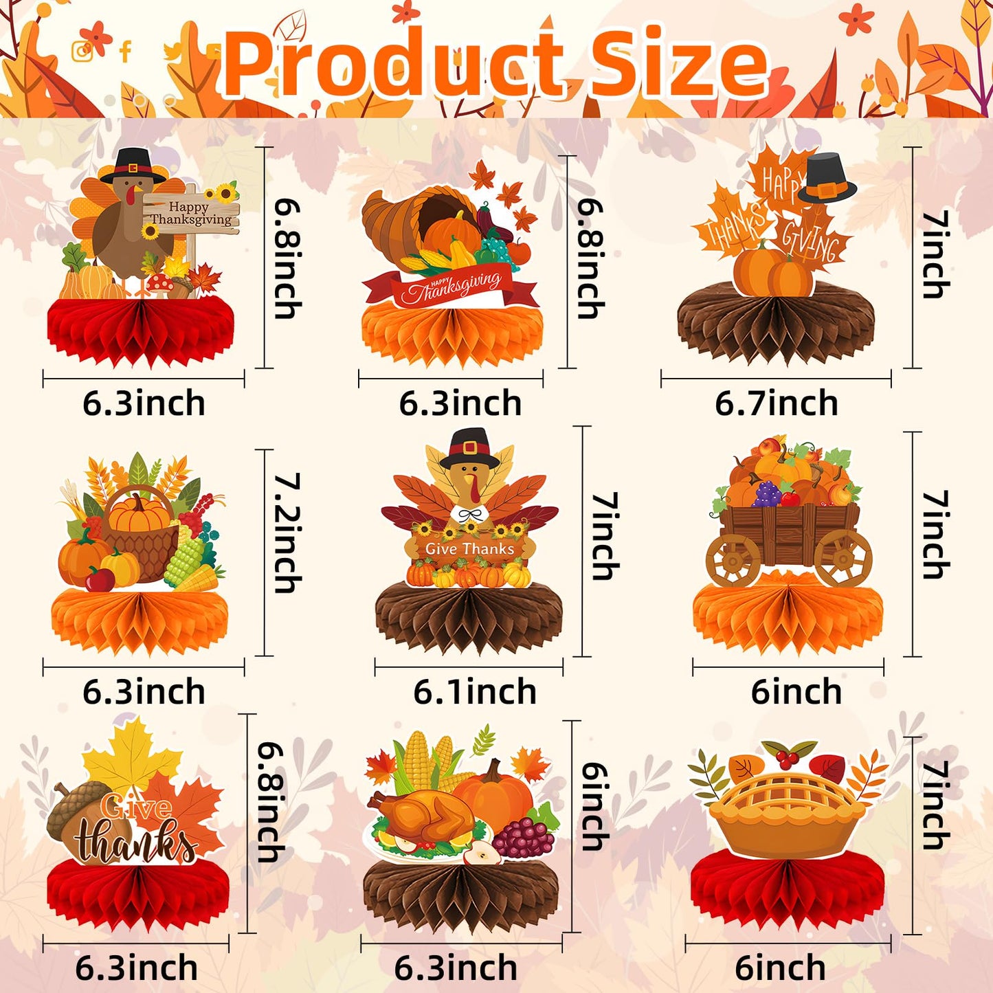 9 Pieces Thanksgiving Honeycomb Centerpieces Table Decor, Turkey Pumpkin Cornucopia Harvest Fall Party Table Topper Ornaments Signs, Fun Autumn