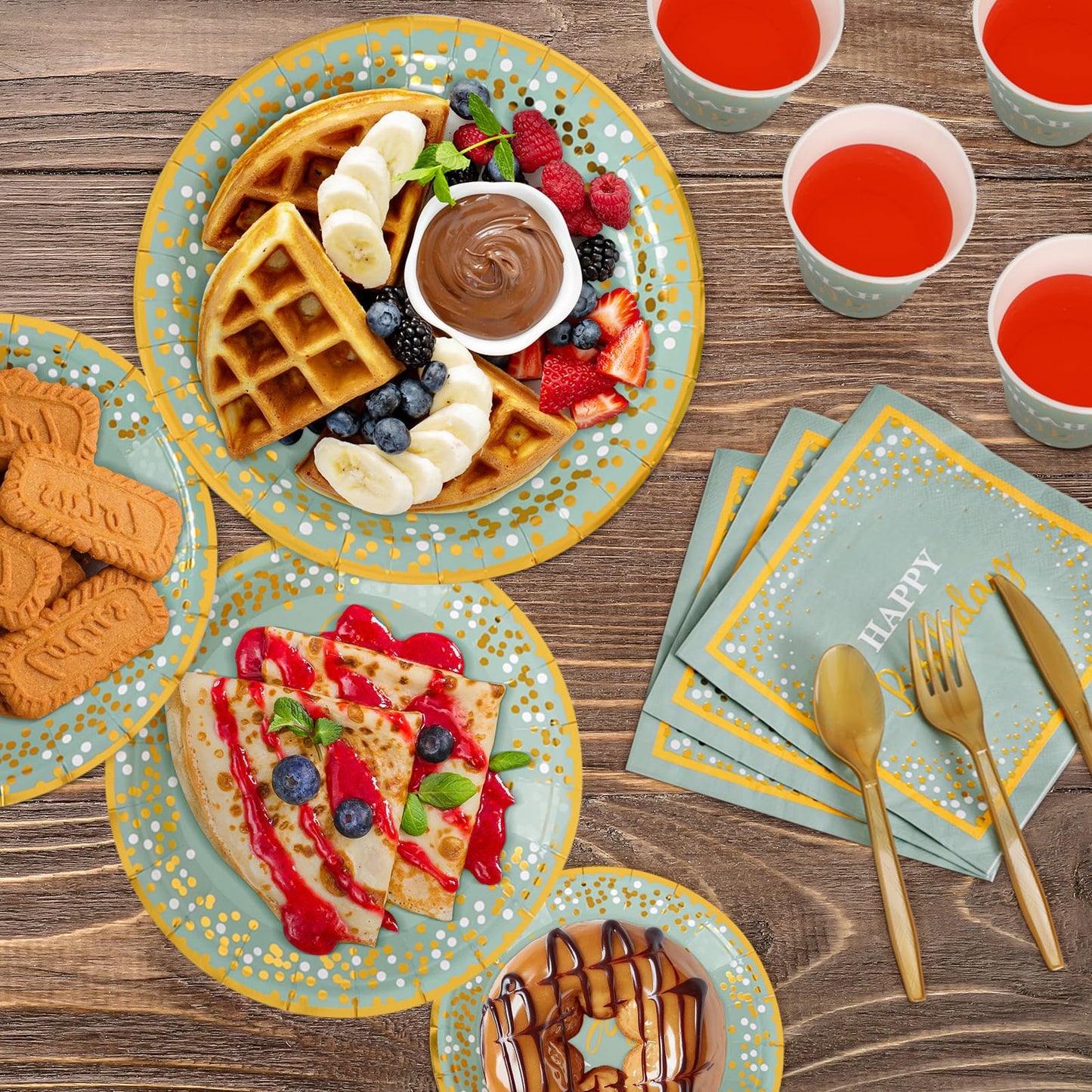 LTplazhi Sage Green and Gold Party Supplies 140 Pieces Happy Birthday Dinnerware - Sage Green Paper Plates, Napkins, Cups, Gold Plastic Forks, Knives