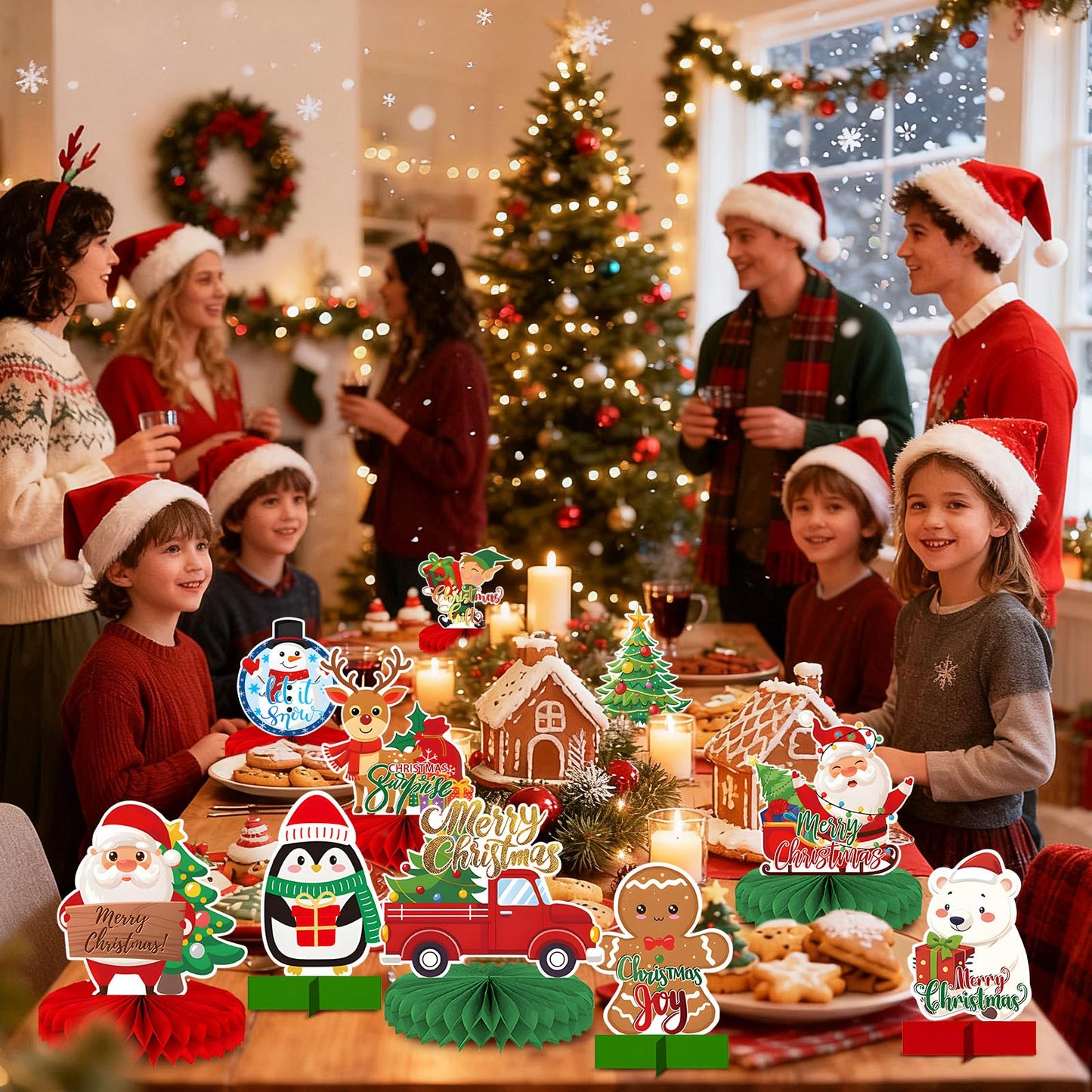 10 Pcs Christmas Honeycomb Centerpieces - Xmas Holiday Honeycomb Table Toppers for Dining Table, Classroom, Office, and Home Décor